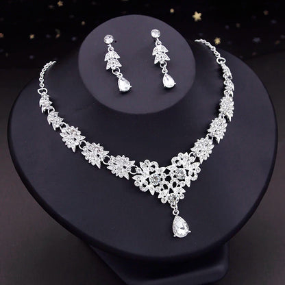 Elegant Silver Color Crystal Bridal Jewelry Sets Princess Tiara Crown and Necklace Earrings Sets for Bridal Wedding Prom Gifts
