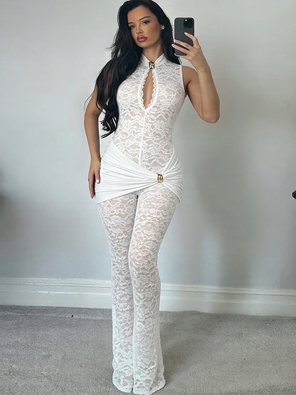 Nibber Streetwear Patchwork Jacquard Jumpsuit Woman Sexy Ruched Waist Metal Knot Stretch Skinny Midnight Workout Overalls
