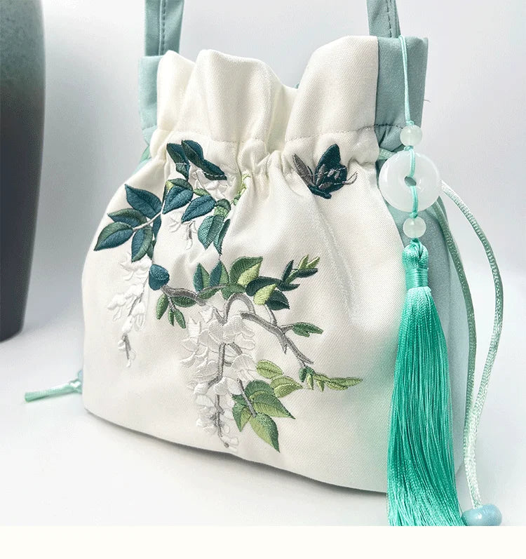 Chinese Style Retro Flower Embroidery Crossbody Top-handle Bags Women Shoulder Lace Drawstring Bucket Bag Coin Purses Handbags