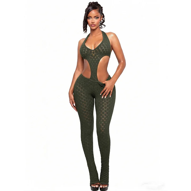 FLARORA Sexy Hollow See Through Jumpsuits Woman Trend Halter V Neck Sleeveless Backless Bandage Jumpsuit Hottie Street Overalls