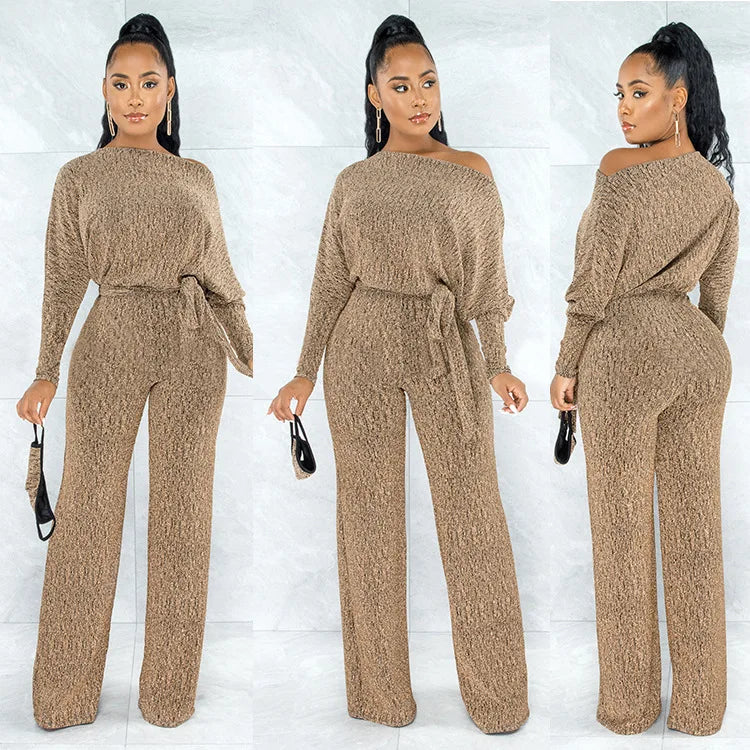 Jumpsuits Women 2022 Spring Long Sleeve High Waist Loose Belt Wide Leg Jumpsuit Elegant Office Ne Piece Outfit Party Overalls