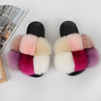 Natural Fox Fur Slippers, Fashionable Outdoor Multi-Color Animal Hair Slippers, Women's Gifts, Soft EVA Sole Slippers, On Trend