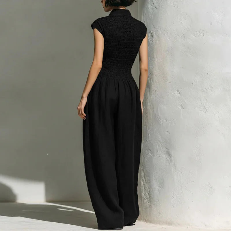 New Chic Solid Pockets Vacation Overalls Summer High Waist Low Cut Women's Romper Turn-down Collar Sleeveless Wide Leg Jumpsuits