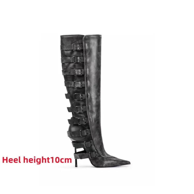 New Belt Buckle Stiletto High Heels Knee Length Boots Autumn/Winter Women's Fashion Pointed Party 34-46 Large Medium Boots