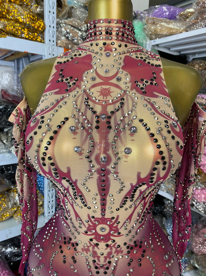 Sparkly Rhinestones Printed Mesh Bodycon Green Jumpsuits With Sleeves See Through Masquerade Costume Dress Night Club DJ Gogo