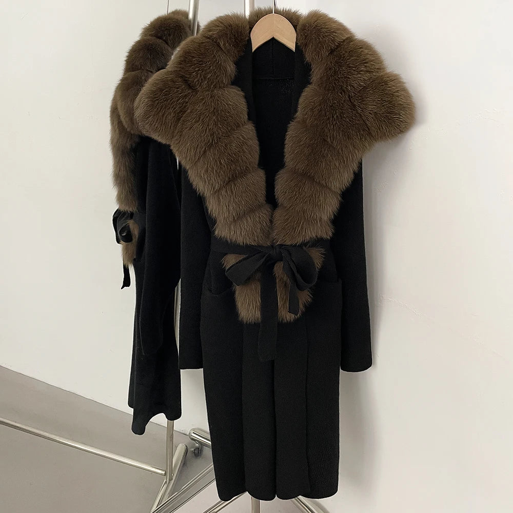 OFTBUY Fashion Warm Belt Real Fox Fur Cardigan New Natural Fur Collar Long Knit Jacket Women Atrumn Winter Top Clothing Female