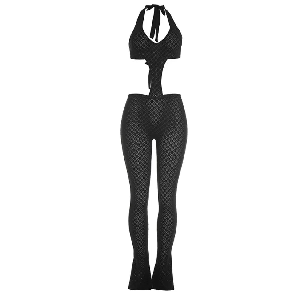 FLARORA Sexy Hollow See Through Jumpsuits Woman Trend Halter V Neck Sleeveless Backless Bandage Jumpsuit Hottie Street Overalls
