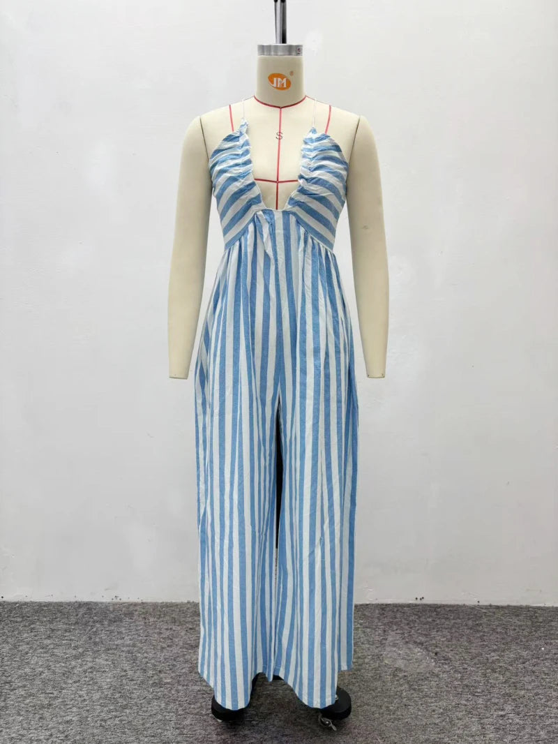 African Fashion Women Casual Jumpsuit Striped Printed V Neck Sleeveless Hollow Out Back Wide Leg Jumpsuits