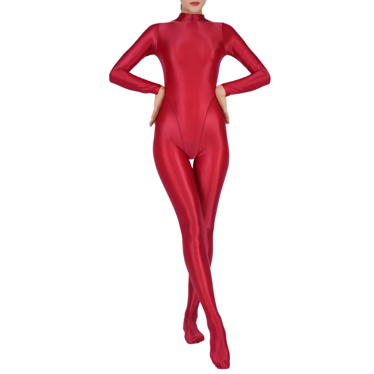 Women Glossy Full Body Jumpsuit Gym Yoga Tights Rompers Mock Neck Long Sleeve Footed One Piece Jumpsuit Clubwear Sportwear