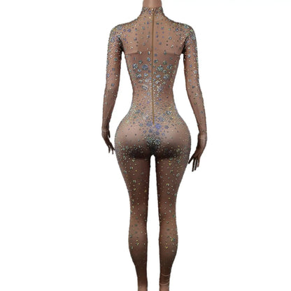 Luxury Nude See Through Rhinestone Bodysuit Fashion Outfits Show Dance wear Club Party Rompers Crystal Mesh Jumpsuits for Women