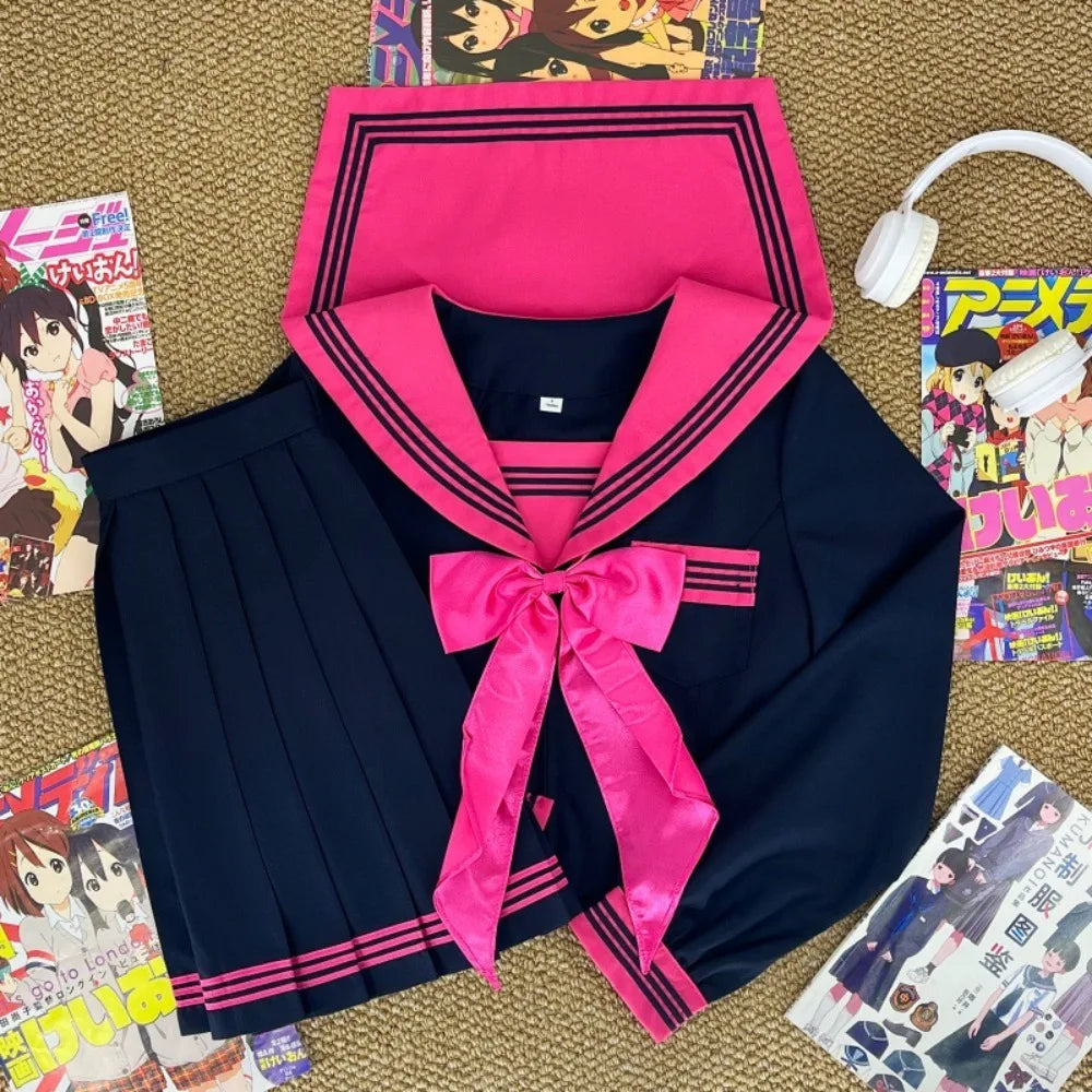 Japanese Dark College Style Rose Red Three Sailor Suit JK School Uniform,Slim Pleated Skirt Set for Campus Daily Graduation Wear