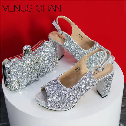 2024 Latest Italian Design African Women's High Heels Round Head Sandals Party Wedding Party Golden Color Shoes and Bags Set