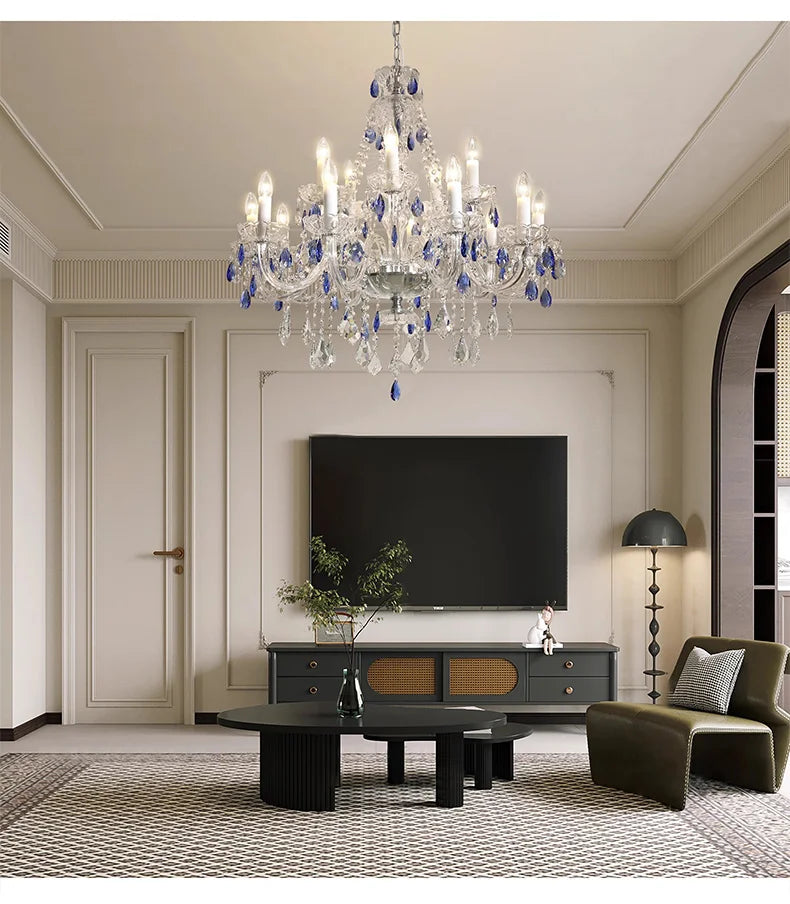 French Blue Romantic Crysatl Chandeliers Light Luxury Glass Living Room Art Decor Candle Pendant Lights Lighting Bedroom Lamps