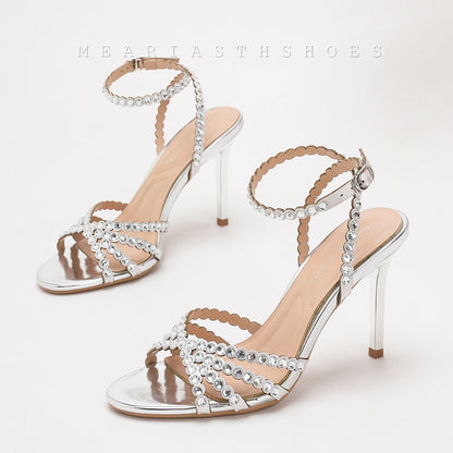 Luxury Crystal Cross Tied High Heel Sandals Women Sexy Open-toe Ankle Strap Buckle Stiletto Sandals Elegant Banquet Dress Shoes
