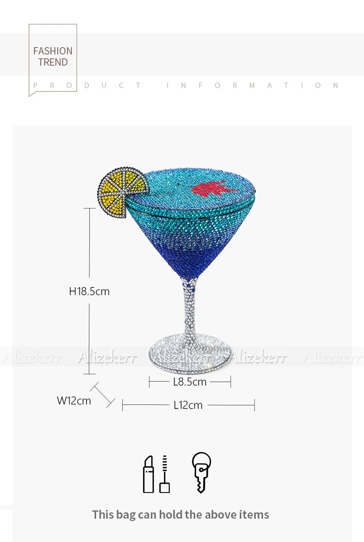 Alizekerr Cocktail Glass Shaped Rhinestone Evening Bags Luxury Designer Gorgeous Crystal Metal Purses And Handbags Wedding Party