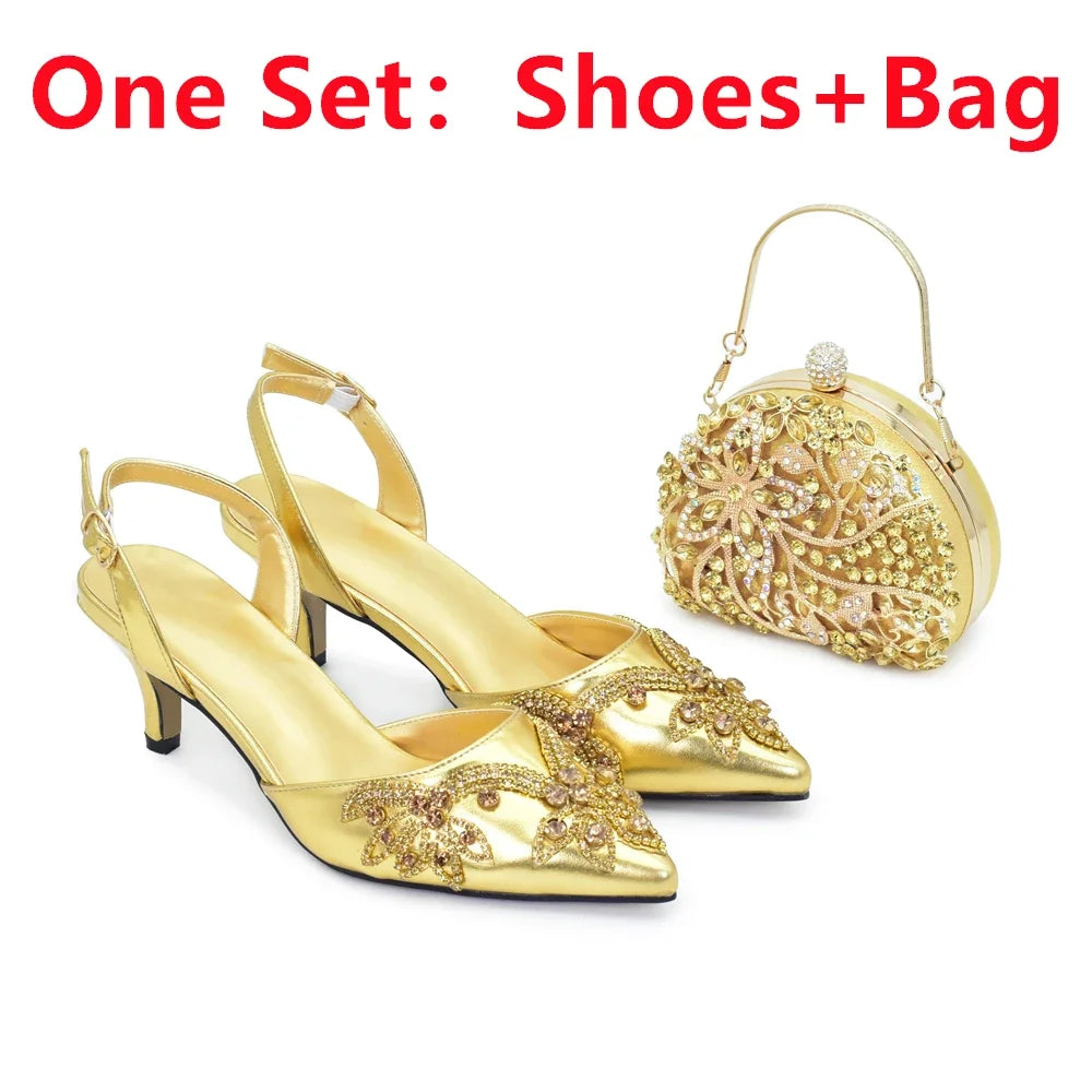 New Fashion Women Shoes and Bags To Match Set Nigeria Party Full Diamond Decoration Metal Closure Shoes for Party Luxury Pumps
