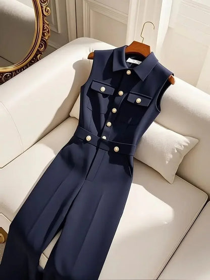 Korean Retro Polo Collar Single Breasted Pockets Navy Blue Jumpsuits Frence Fashion Office Lady All-match Summer Long Jumpsuit