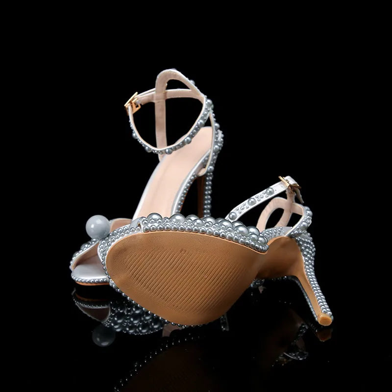 Luxury Handmade Pearl Peep Toe Women Sandals Fashion Summer Wedding Princess Thin High heels Elegant Party Prom Bridal Shoes