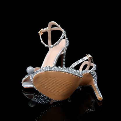 Luxury Handmade Pearl Peep Toe Women Sandals Fashion Summer Wedding Princess Thin High heels Elegant Party Prom Bridal Shoes