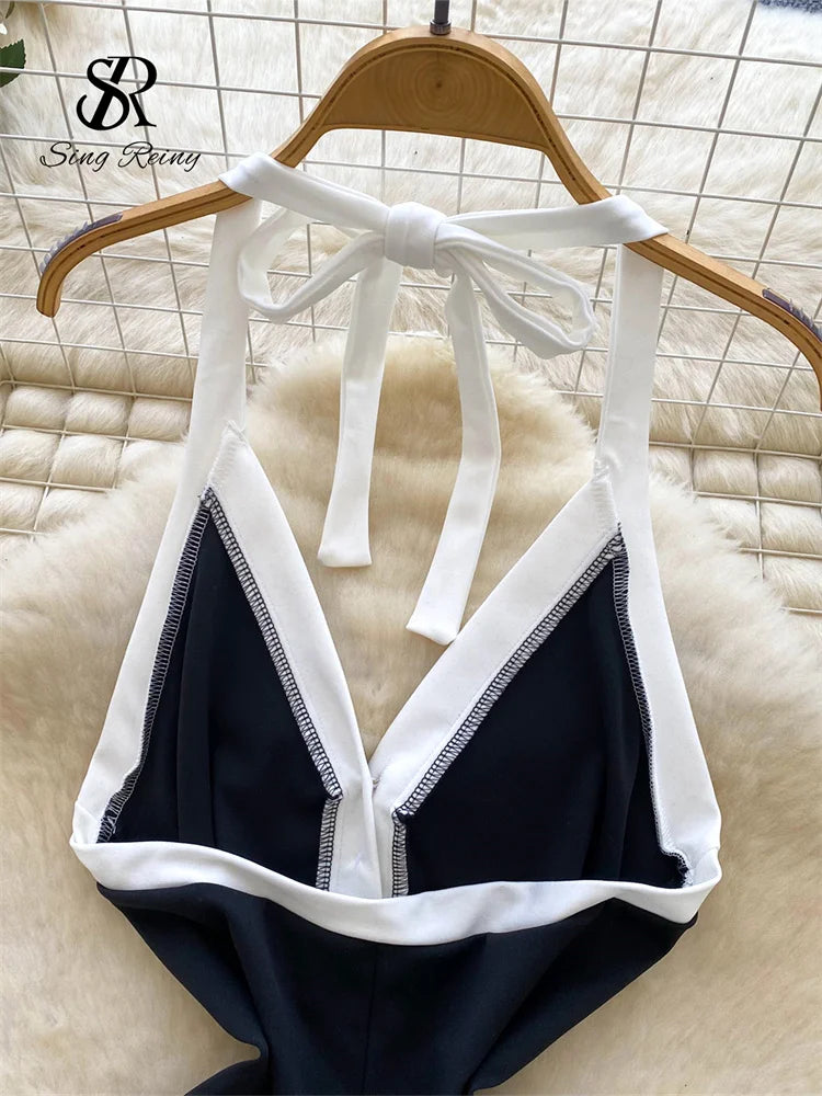 SINGREINY Ins Beach Jumpsuits Ladies Halter Sleeveless Button Design Backless Bodysuits American Retro Solid OL Slim Playsuits