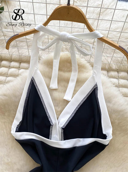 SINGREINY Ins Beach Jumpsuits Ladies Halter Sleeveless Button Design Backless Bodysuits American Retro Solid OL Slim Playsuits