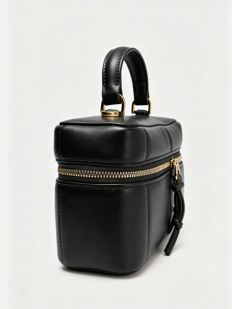 Womens Vintage National PU Leather Waterproof Quilted Chain Bag Black Crossbody Bag Bell Charm Top Handle for Date