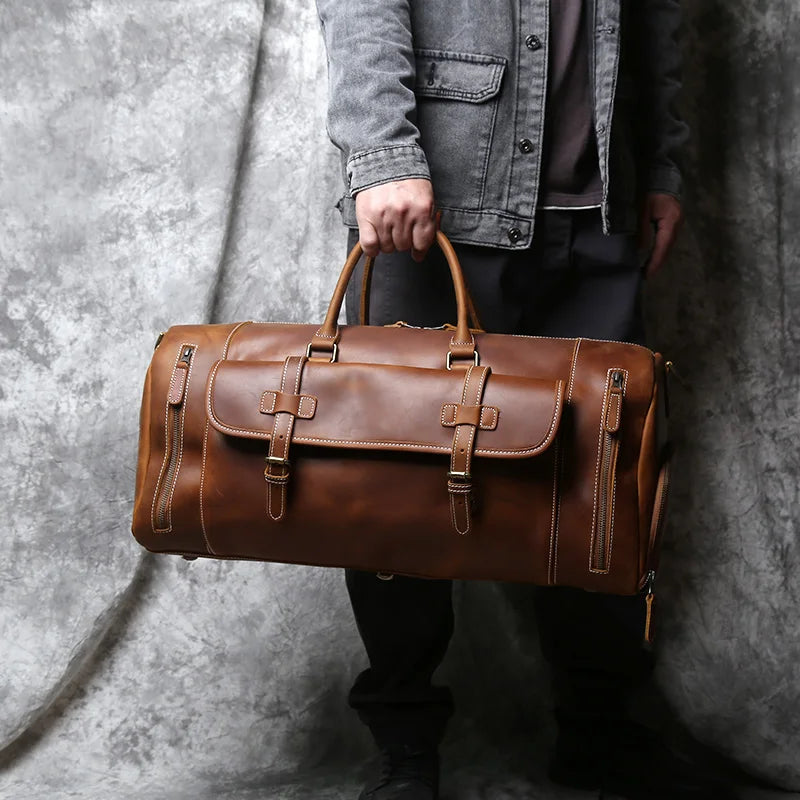 Vintage Genuine Leather Men's Travel Bag Crazy Horse Leather Duffel Bag Large Capacity Top-Layer Cowhide Handbag Crossbody NZPJ