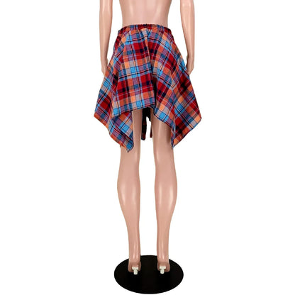 Womens Plaid Skirts High Elastic Waisted Knot Front Asymmetrical Hem Mini Skater Skirt Y2K Streetwear A Line Pleated Skirts