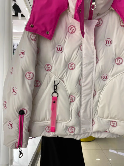Bright Printed Down Jacket Fashion Hooded Color Block Short Jackets Winter Wash Free Loose Thick 90 White Duck Puffer Coat Women