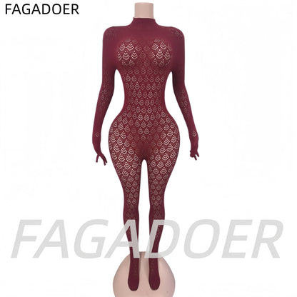 FAGADOER Sexy Hollow Out Patchwork Bodycon Jumpsuits Women Lace See Through Long Sleeve Backless Rompers Female Party Clubwear