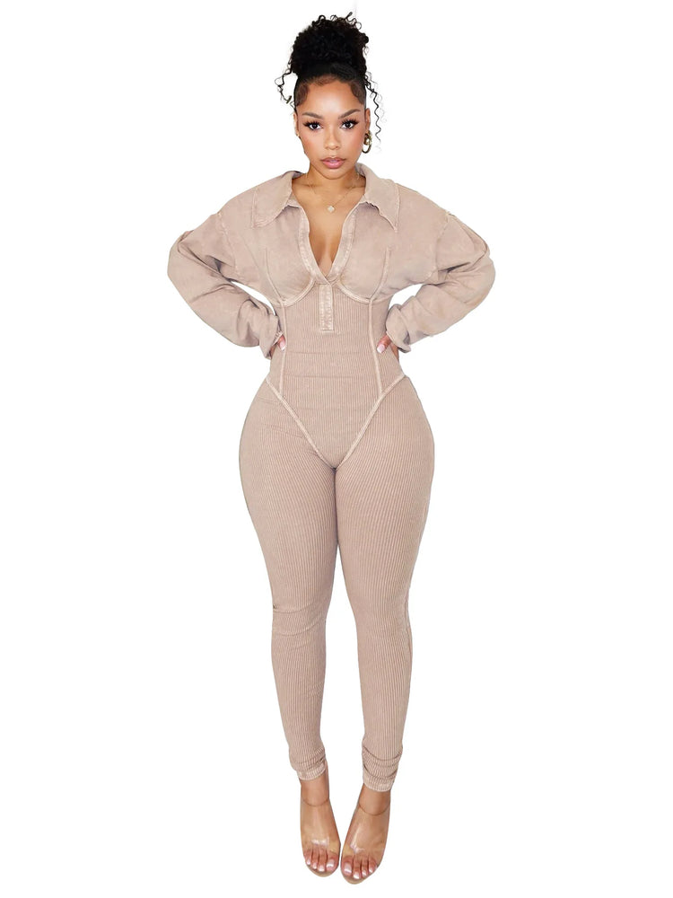 CM.YAYA Fashion Women Knit Ribbed Long Sleeve Moto Biker Jumpsuits 2024 Autumn Washed Street Playsuit One Piece Suit Romper