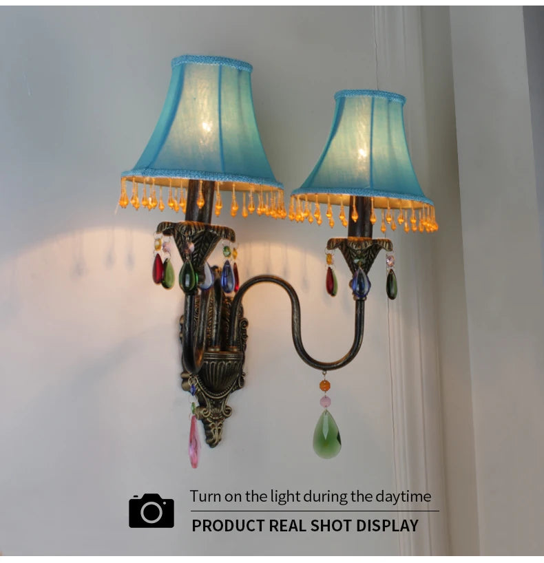 Retro American European Iron Art Red Cloth Crystal Wall Lamp for Hall Restaurant Bedroom Walkway Hotel Bar Decorative Wall Light