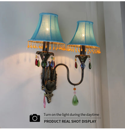 Retro American European Iron Art Red Cloth Crystal Wall Lamp for Hall Restaurant Bedroom Walkway Hotel Bar Decorative Wall Light