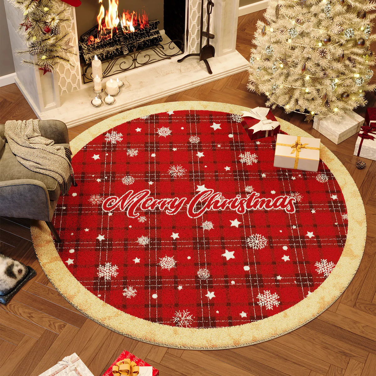 Christmas Round Faux Cashmere Area Rug Non Slip Soft Bedroom Bedside Carpet Xmas Holiday Home Decor Floor Mat for Living Room