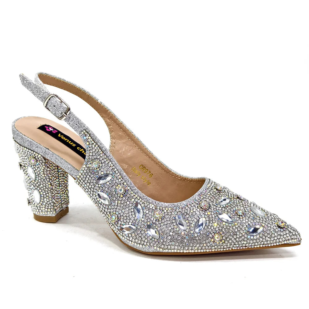 Elegant Women's Nigerian Fashion Pointed-Toe Party Shoe and Bag Set Rhinestone Luxurious Rhinestone Pumps for Special Occasions