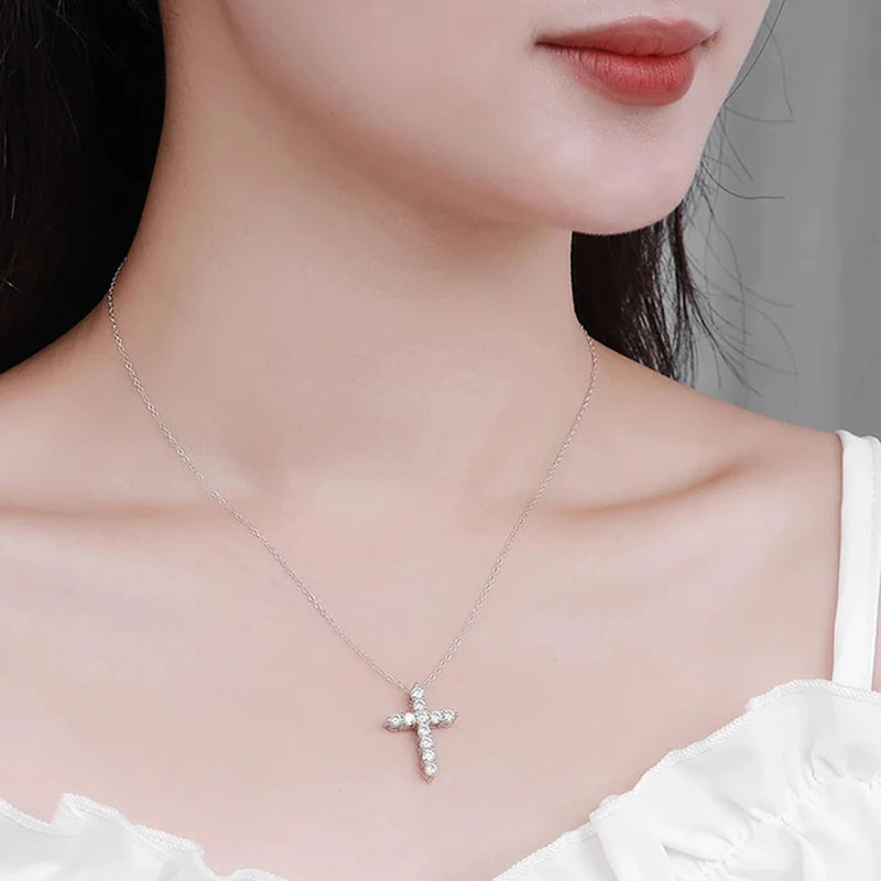OXTAO 3.5mm Moissanite Cross Pendant Necklace Statement Anniversary Gift for Women Men Engagement Wedding Bridal Fine Jewelry