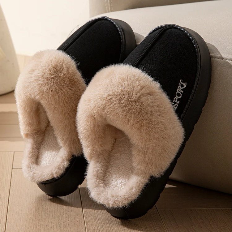 Women Winter Slippers Faux Fur Collar Warm Comfort Non-slip Thick Sole Couple Indoor and Outdoor Snow Boots Home Casual Shoes