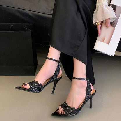Luxury Lace Embroidery Ankle Strap Buckle Women Gladiator Sandals Elegant Thin High heels Summer Fashion Party Wedding Shoes