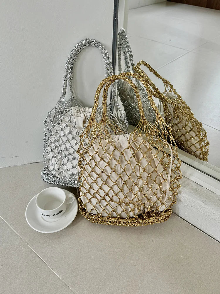 Hylhexyr Ins New Solid Color Gold and Silver Thread Handmade Weaving Bag Bucket Shaped Fashion Handbag Beach Bags