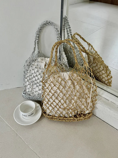 Hylhexyr Ins New Solid Color Gold and Silver Thread Handmade Weaving Bag Bucket Shaped Fashion Handbag Beach Bags