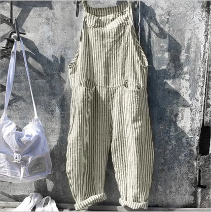 Casual Jumpsuit Women Striped Cotton Overalls Loose Fit Long Pants Romper Adjustable Straps Front Patch Pockets Jumpsuits