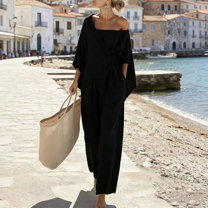 Fashion Streetwear Jumpsuits for Woman Spring Off Shoulder Batwing Sleeve Wrap Tie Waist Rompers Elegant Wide Leg Overalls Mujer