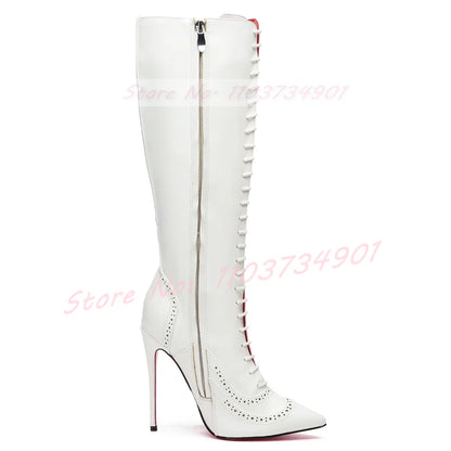 Pink Sole Zipper Knee Length Boots Women Sexy Nightclub Lace Up Pointy Toe High Heels Boots Lady Party Nifty Punk Fashion Shoes