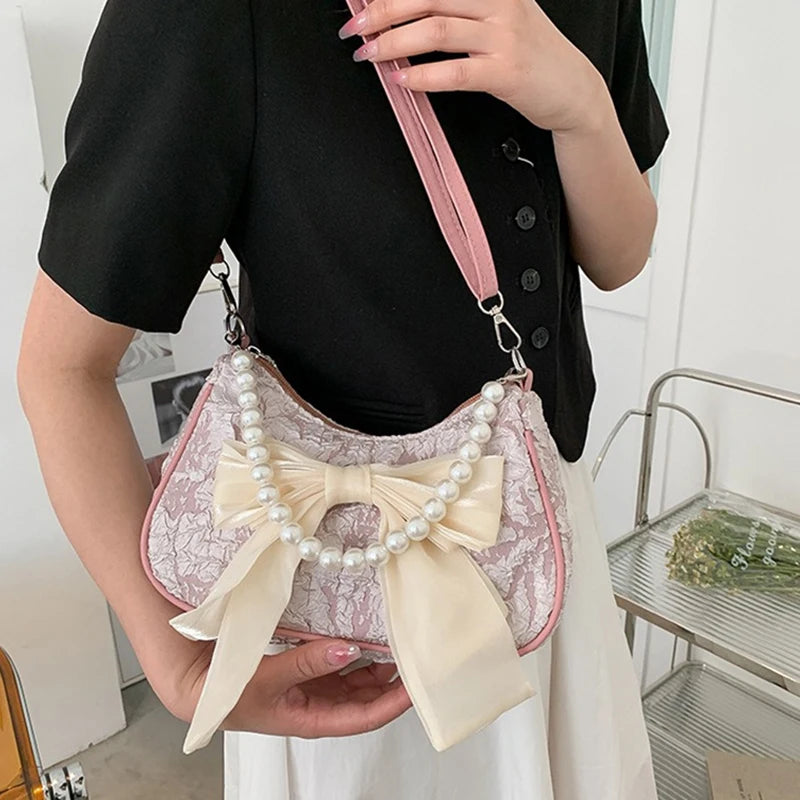 White Folds Pearl Female Bag Retro Luxury Designer Handbag Bow Crossbody Bags Fashion Y2K Vintage Women's Shoulder Bag Purses