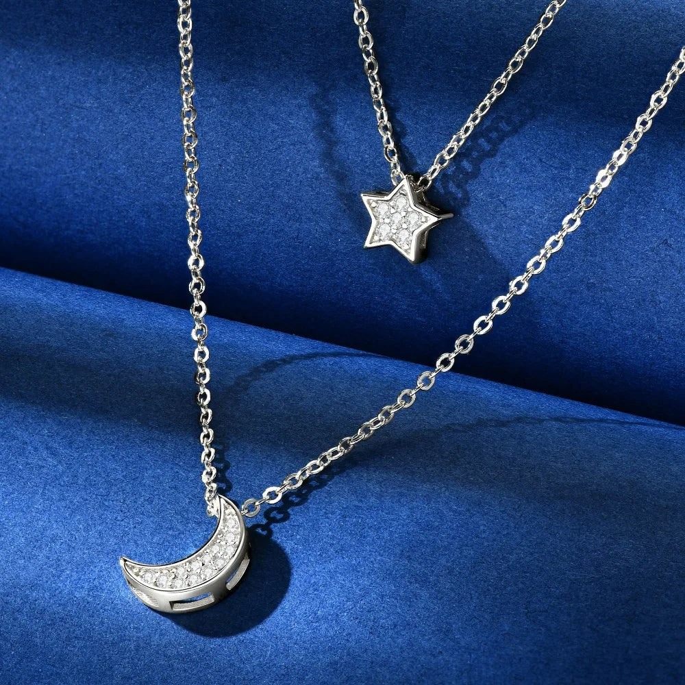S925 Sterling Silver Moissanite Star Moon Layered Necklace Double Chain Crescent Pendant White Gold Color Gift for Women