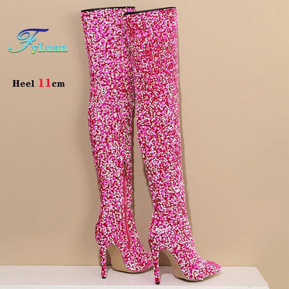 Over-the-Knee Boots for Women Pink Sequins Point Toe Boots Thin High-heeled Purple Thigh Long Boots Sexy Zip Heels Stiletto Shoe