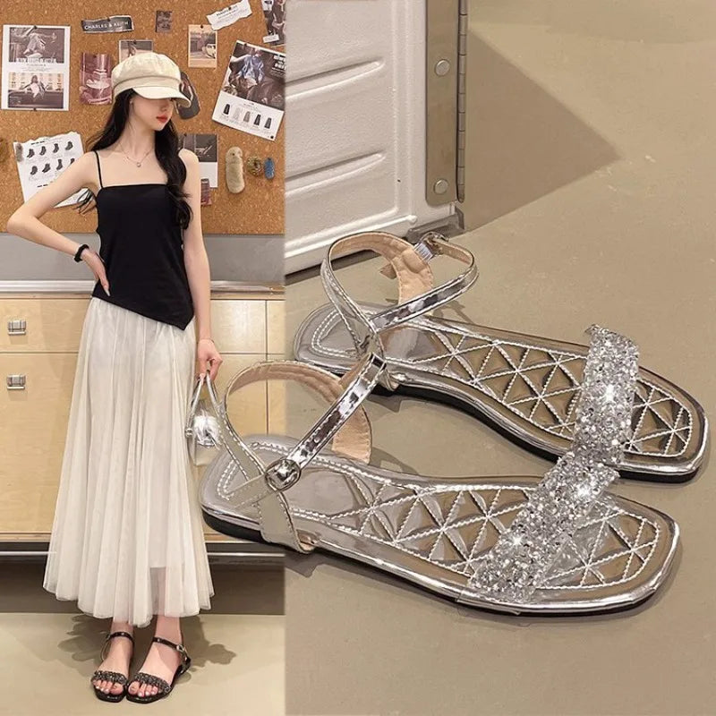 Luxury Crystal Square Toe Sandals Elegant Peep Toe Flat Slides Summer Fashionable Beach Shoes for Women