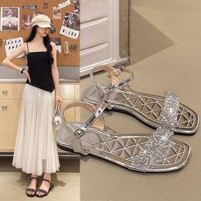 Luxury Crystal Square Toe Sandals Elegant Peep Toe Flat Slides Summer Fashionable Beach Shoes for Women