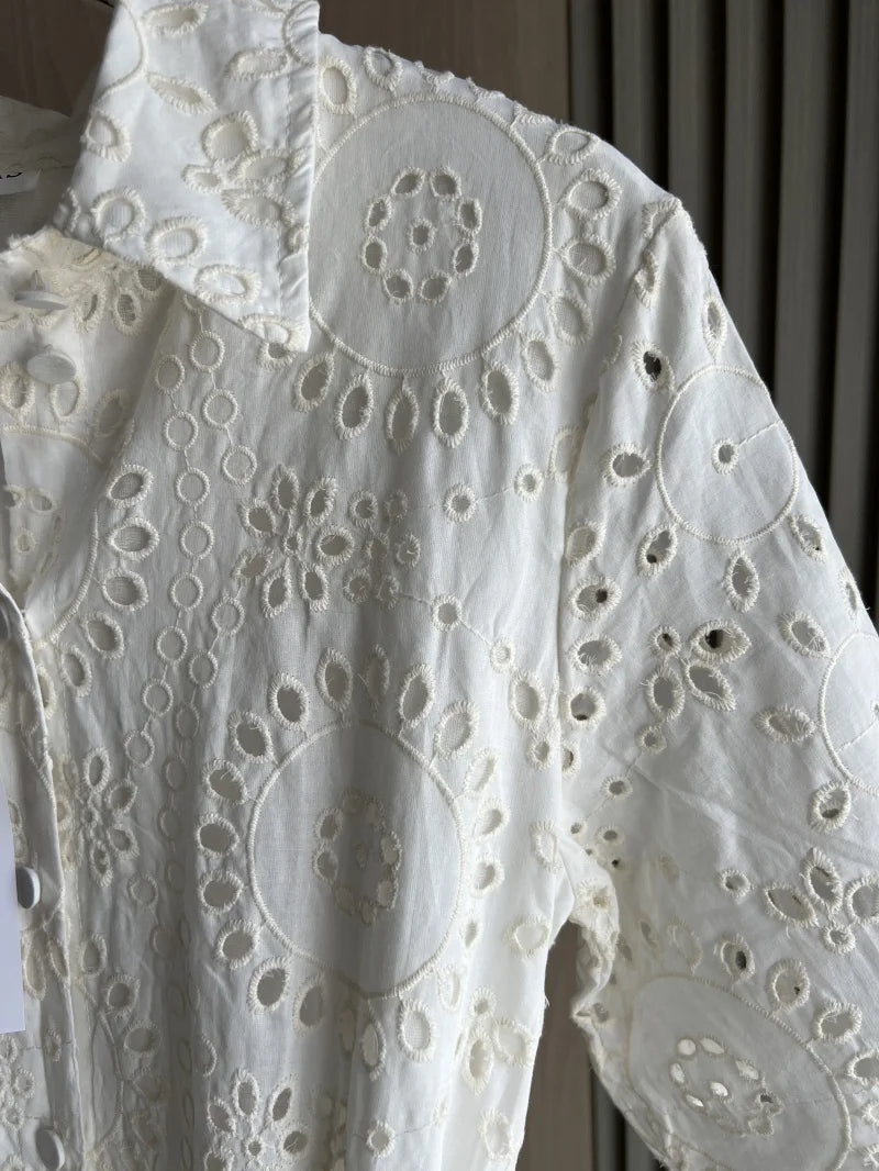 ETJ 2025 new  women's elegant fashion hollow embroidery cotton shirt lapel short-sleeved dress temperament long skirt