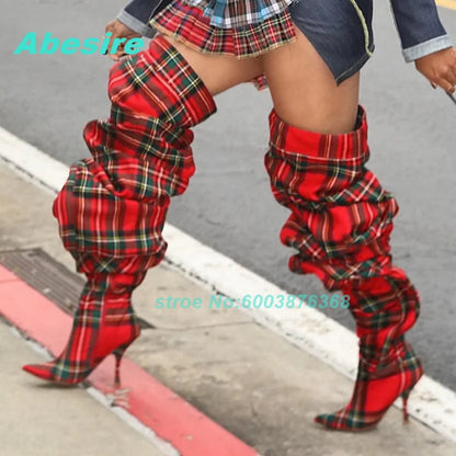Red Check Patchwork Over Knee Boots Pleated Pointed Toe Thin Heels Shoes for Women Spicy Girls Y2K Street Style Fashion Shoes